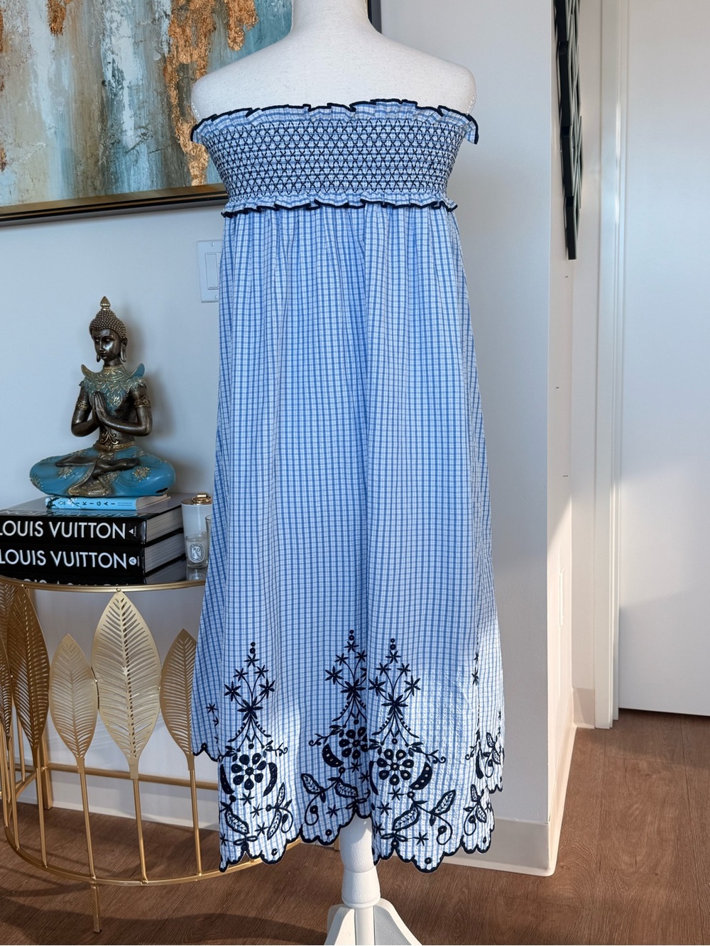 Strapless Blue Gingham Midi Dress with Black Embroidered Hem